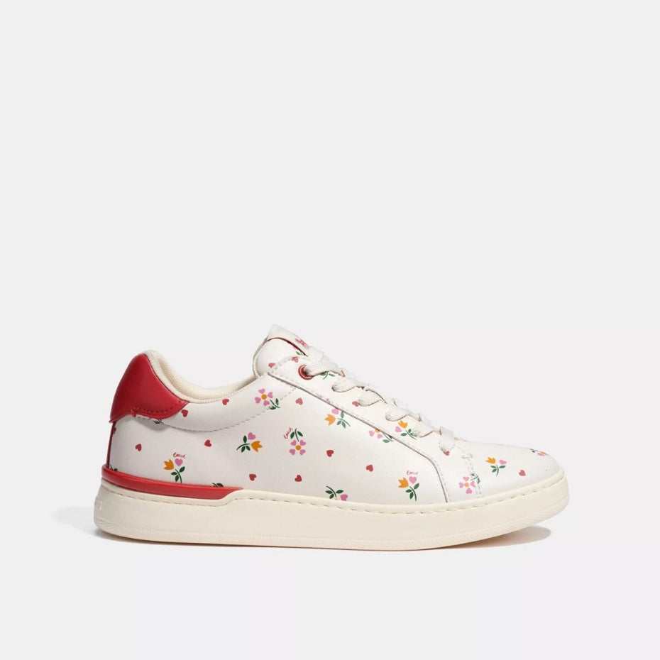 Coach Clip Leather Low Top With Heart Floral Print in Chalk/Red