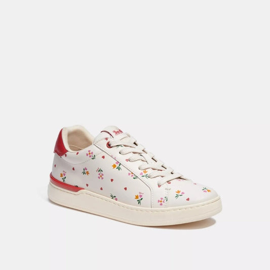 Coach Clip Leather Low Top With Heart Floral Print in Chalk/Red